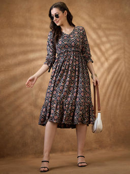 Globus - Women Teal Motifs Tie-Up Sleeves Frill Detail Tiered Midi A-Line Dress