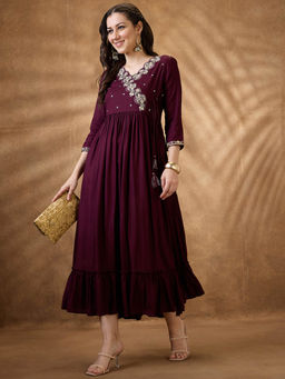 Globus - Women Purple Embroidered Tie-Up Detail Tiered A-Line Midi Dress