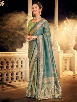 Odette - Teal Viscose Floral Designer Saree with Unstitched Blouse