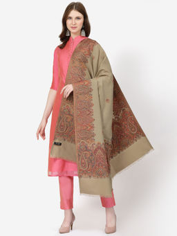 SWI STYLISH - Women Beige Jamawar Border Wool Shawl (Large)