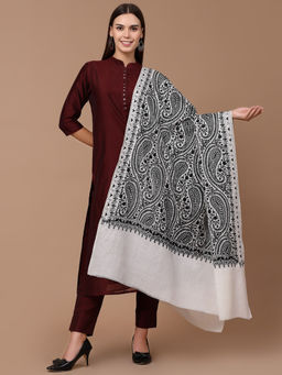 SWI STYLISH - Women White Wool Shawl with Black Aari Embroidery (Large)