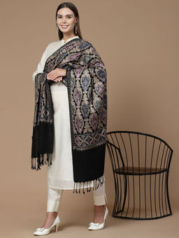 SWI STYLISH - Womens Black Aari Embroidered Wool Stole (Medium)