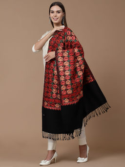 SWI STYLISH - Womens Black Aari Embroidered Wool Stole (Medium)