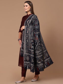 SWI STYLISH - Women Navy Blue Zari Kani Wool Shawl (Large)