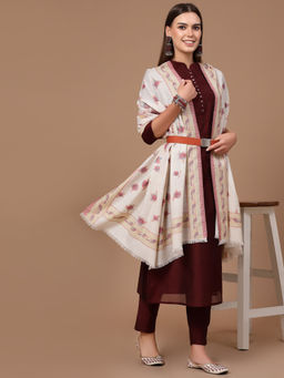 SWI STYLISH - Women White Kani Wool Floral Shawl (Large)