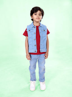 KiddoPanti - Boys Solid Cotton T-Shirt with Sleeveless Denim Jacket and Jeans (Set of 3)