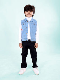 KiddoPanti - Boys Full Sleeve Turtle Neck with Sleeveless Jacket Denim Pant (Set of 3)