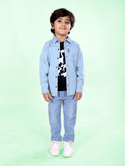 KiddoPanti - Boys Graphic T-Rex T-Shirt with Denim Shirt and Jeans (Set of 3)