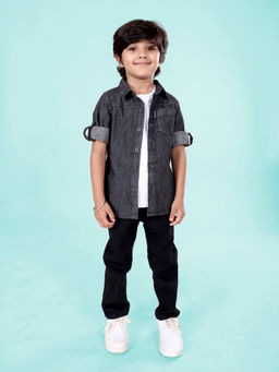 KiddoPanti - Boys Half Sleeve Round Neck T-Shirt with Denim Shirt and Jeans (Set of 3)