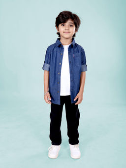 KiddoPanti - Boys Half Sleeve Round Neck T-Shirt with Denim Shirt and Jeans (Set of 3)