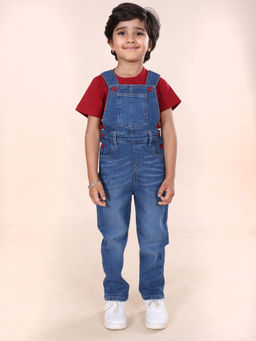 KiddoPanti - Boys Knitted Small Teddys T-Shirt with Denim Dungaree