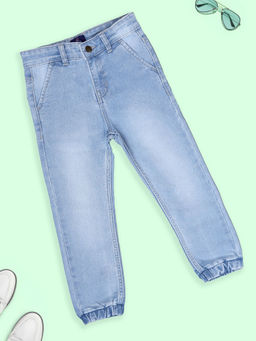 KiddoPanti - Boys Solid Jogger Denim Pant Blue