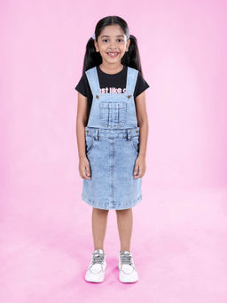 KiddoPanti - Girls Round Neck T-Shirt and Pinafore Denim Dungaree Dress