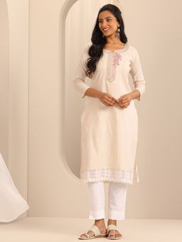 Libas - Off White Floral Yoke Design Straight Kurta