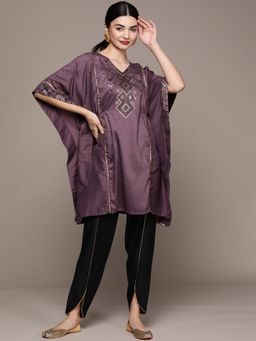 Ziyaa - Womens Purple Chinon Flared Kaftan and Dhoti Pant (Set of 2)