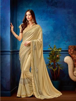 Odette - Beige Lycra Designer Saree with Unstitched Blouse
