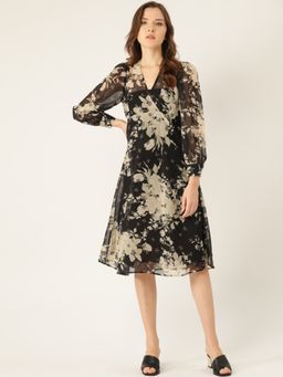 ANVI Be Yourself - Women Black & Beige Floral Print Semi-sheer Wrap Dress
