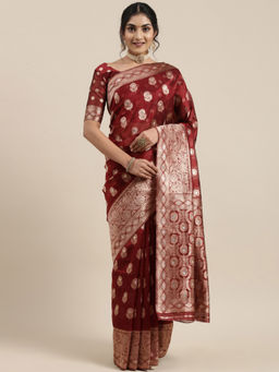 Sareemall - Womens Organza Maroon Woven Design Saree with Unstitched Blouse