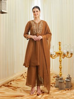 MOKOSH - Mustard Silk Embroidered Anarkali Kurta and Palazzo with Dupatta