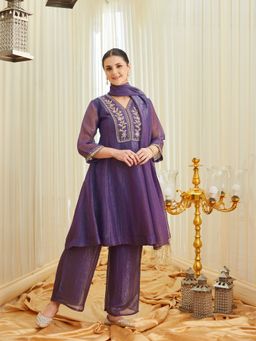 MOKOSH - Purple Silk Embroidered Anarkali Kurta and Palazzo with Dupatta
