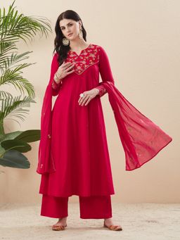 MOKOSH - Pink Cotton Embroidered Anarkali Kurta and Palazzo with Dupatta