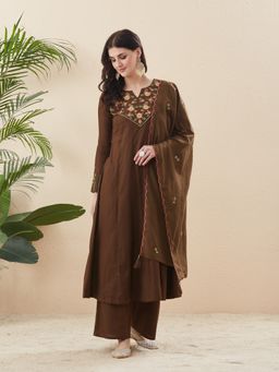 MOKOSH - Brown Cotton Embroidered Anarkali Kurta and Palazzo with Dupatta