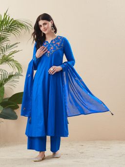 MOKOSH - Blue Cotton Embroidered Anarkali Kurta and Palazzo with Dupatta
