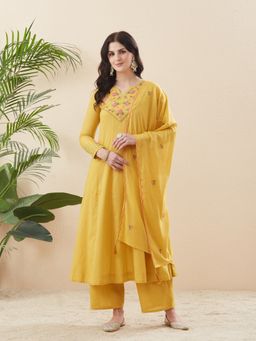 MOKOSH - Yellow Cotton Embroidered Anarkali Kurta and Palazzo with Dupatta
