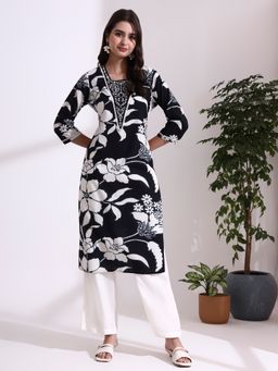 Jaipur Kurti - Women Black Pure Cotton Embroidered Straight Kurta