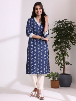 Jaipur Kurti - Women Indigo Pure Cotton Floral Straight Kurta