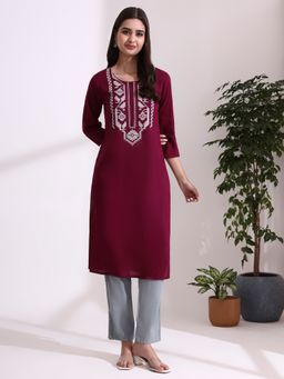 Jaipur Kurti - Women Wine Viscose Rayon Embroidered Straight Kurta
