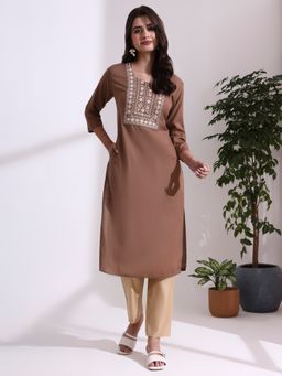 Jaipur Kurti - Women Brown Viscose Rayon Embroidered Straight Kurta