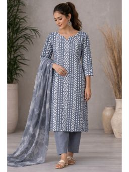 HANDME - Women Grey Cotton Abstract Unstitched Kurta with Pant and Dupatta