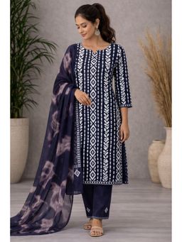 HANDME - Women Blue Cotton Abstract Unstitched Kurta with Pant and Dupatta