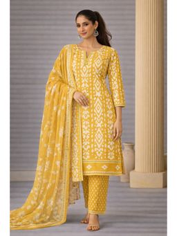 HANDME - Women Yellow Cotton Abstract Unstitched Kurta with Pant and Dupatta