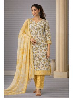 HANDME - Women Yellow Cotton Floral Unstitched Kurta with Pant and Dupatta