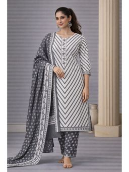 HANDME - Women Grey Cotton Geometric Unstitched Kurta with Pant and Dupatta