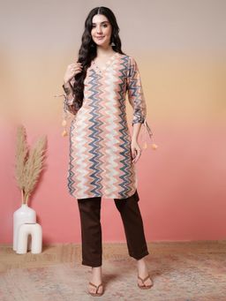 Jaipur Kurti - Women Peach Viscose Rayon Geometric Straight Kurta