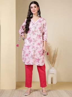 Jaipur Kurti - Women Pink Viscose Rayon Floral Straight Kurta