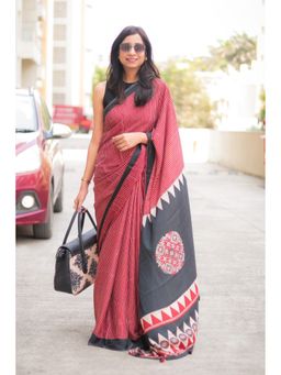 Mysilklove - Dark Chestnut Red Ajrakh Printed Silk Saree with Unstitched Blouse