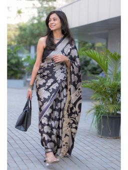 Mysilklove - Neutral Black Ajrakh Printed Saree with Unstitched Blouse