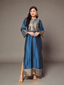 Ahalyaa - Women Blue Silk Blend Abstract Straight Kurta