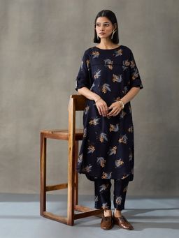 Black & Blah Blah - Navy Blue Viscose Rayon Floral Co-ord Set