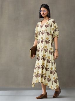 Black & Blah Blah - Off White Floral Printed A-Line Cotton Dress