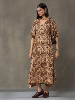 Black & Blah Blah - Brown Floral Printed A-Line Cotton Dress