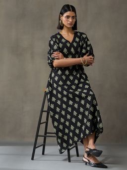 Black & Blah Blah - Black Floral Printed A-Line Cotton Dress
