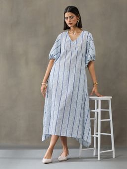 Black & Blah Blah - Blue Printed A-Line Cotton Dress