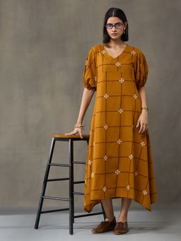 Black & Blah Blah - Mustard Big Checks Printed A-Line Cotton Dress
