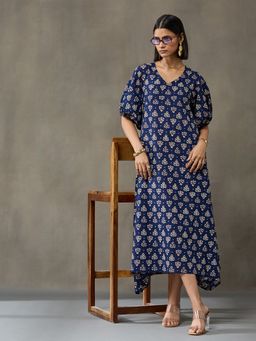 Black & Blah Blah - Blue Floral Printed A-Line Cotton Dress