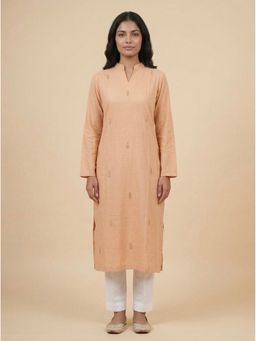Bcz Style - Women Peach Cotton Embroidered Straight Kurta